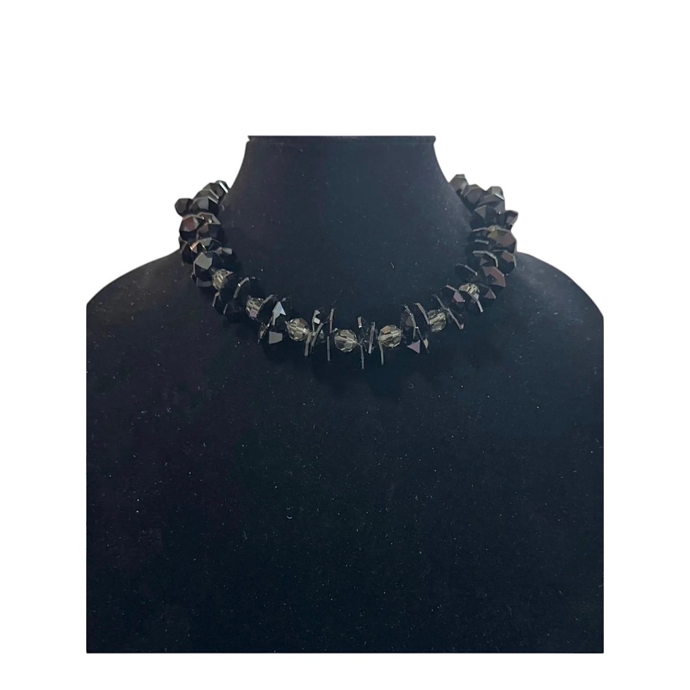 Vintage Black Crystal Faceted Statement Choker Necklace Silver Toggle Clasp
